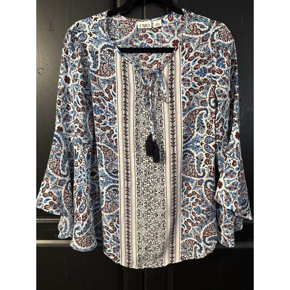 Cato Blue White Burgundy Paisley Chiffon V-Neck Tassel Bell Sleeve Blouse S